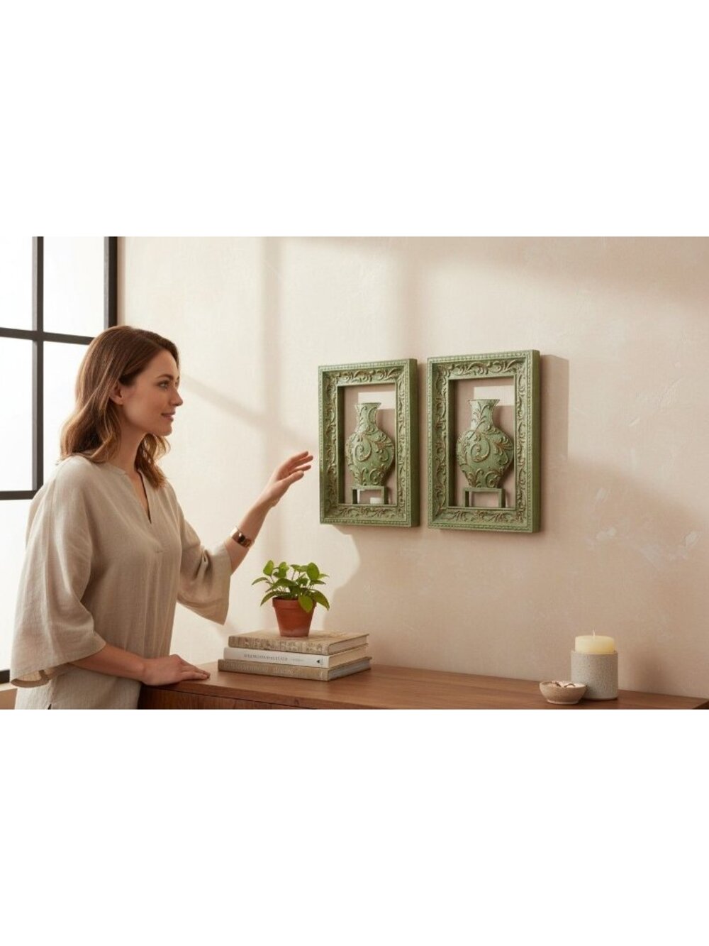 Set Of 2 Green Wall Art Frames With Decorative Vase Cutout And Scroll Details Ru